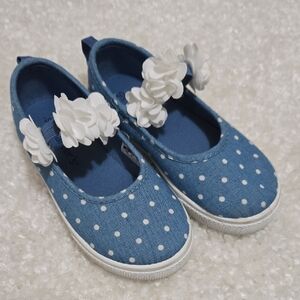 Carter's Polka Dot Blue Canvas Slip-ons with White Flower Strap- Little Girls 10
